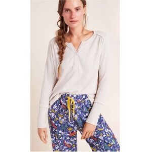 Anthropologie Elisabeth Waffle Knit Henley Long Sleeve Beige Thermal Top Sz S